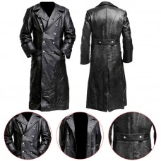 German Classic Officer Black Leather Long Coat